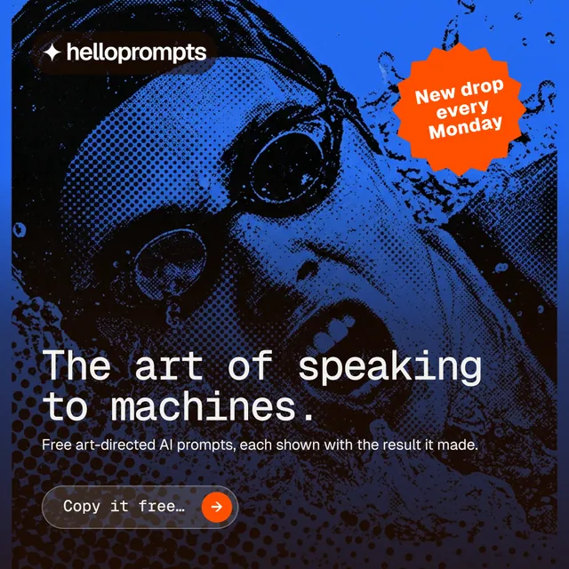 Instagram post for HelloPrompts: "The art of speaking to machines." Agentic glass style, sticker layout, dark palette in black, blue, grey.