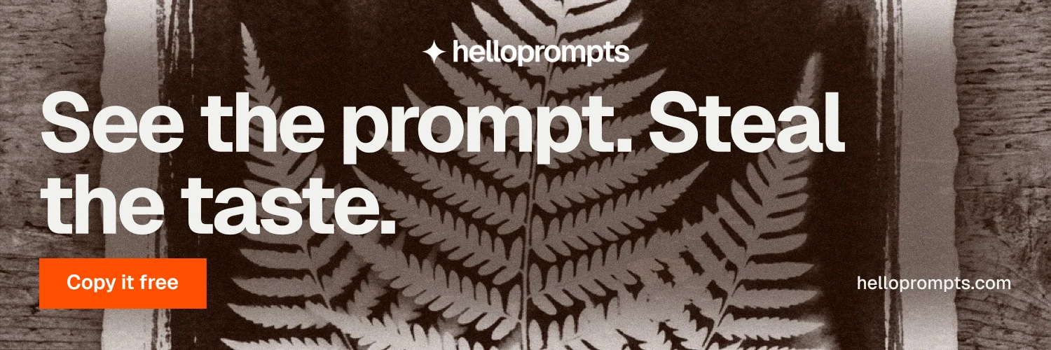 X header for HelloPrompts: "See the prompt. Steal the taste." Swiss style, poster layout, dark palette in grey, black, orange.