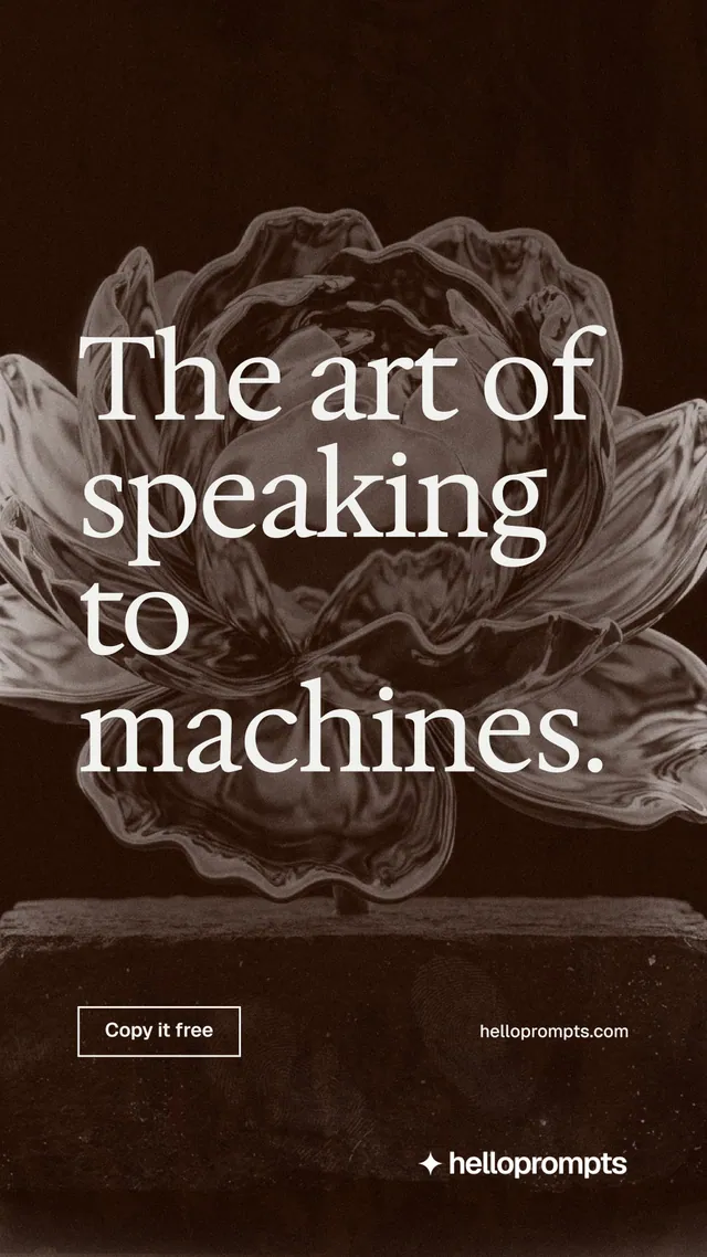 Instagram story for HelloPrompts: "The art of speaking to machines." Editorial style, poster layout, dark palette in orange, grey, black.