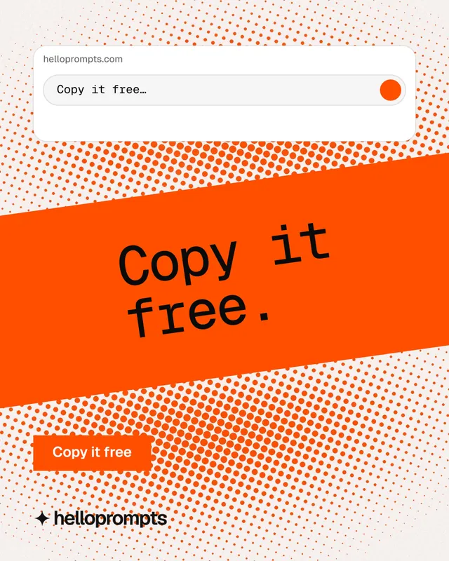 Instagram portrait post for HelloPrompts: "Copy it free." Swiss style, diagonal layout, light palette in orange, white.