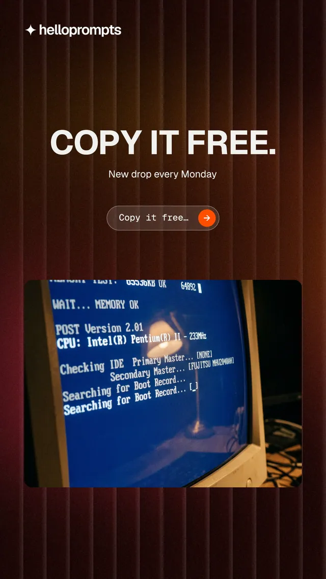 Instagram story for HelloPrompts: "Copy it free." Agentic glass style, centred layout, dark palette in black, red, blue.