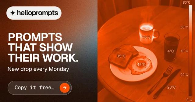 Social ad for HelloPrompts: "Prompts that show their work." Agentic glass style, bottom layout, dark palette in orange, brown.