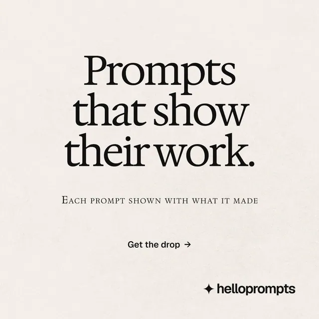 Instagram post for HelloPrompts: "Prompts that show their work." Swiss style, smallcaps layout, light palette in white, grey.