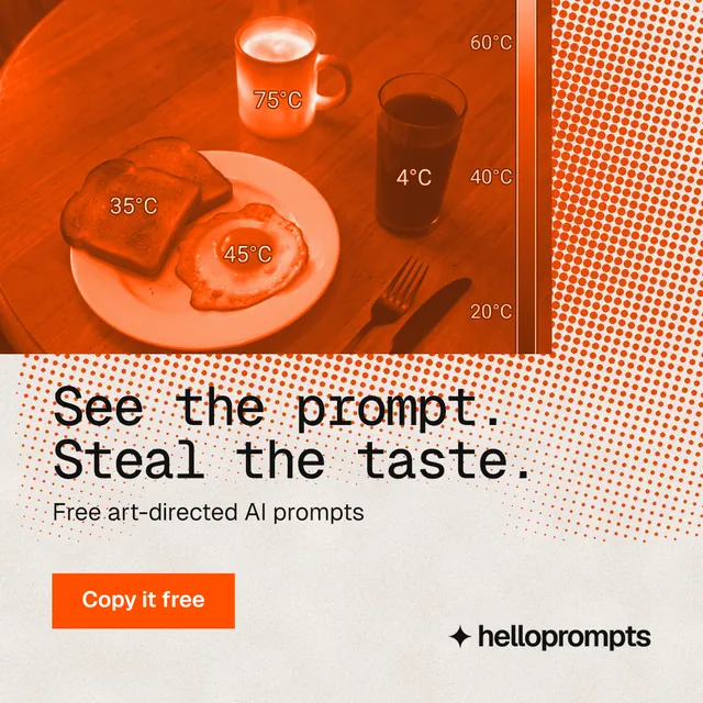 Instagram post for HelloPrompts: "See the prompt. Steal the taste." Swiss style, skeleton layout, light palette in orange.