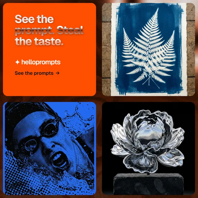 Instagram post for HelloPrompts: "See the prompt. Steal the taste." Agentic glass style, collage layout, dark palette in black, red, grey.