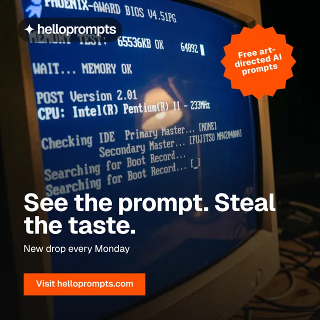 Instagram post for HelloPrompts: "See the prompt. Steal the taste." Swiss style, sticker layout, dark palette in blue, black, grey.