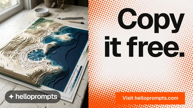 Landscape graphic for HelloPrompts: "Copy it free." Swiss style, right layout, light palette in grey, orange, white.