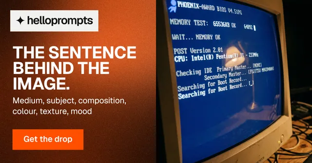 Social ad for HelloPrompts: "The sentence behind the image." Swiss style, bottom layout, dark palette in blue, orange, brown.