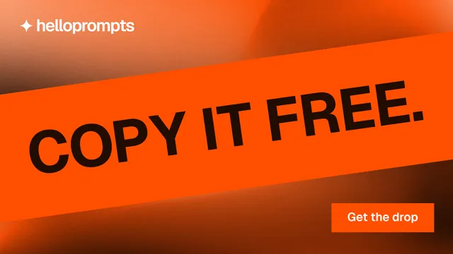 Landscape graphic for HelloPrompts: "Copy it free." Swiss style, diagonal layout, dark palette in orange.