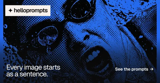 Social ad for HelloPrompts: "Every image starts as a sentence." Swiss style, image led layout, dark palette in blue, black.