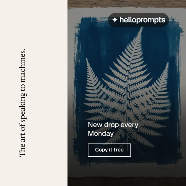 Instagram post for HelloPrompts: "The art of speaking to machines." Editorial style, vertical layout, light palette in white, black, blue.