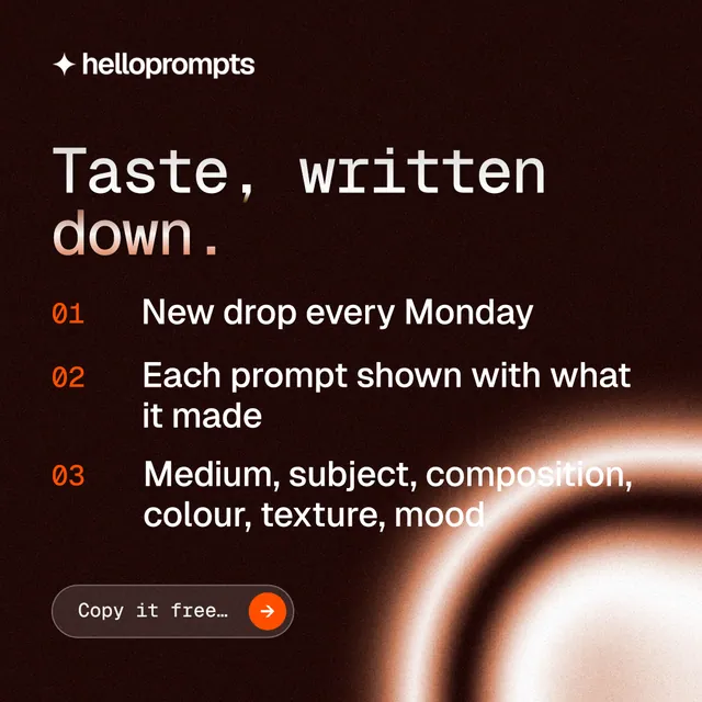 Instagram post for HelloPrompts: "Taste, written down." Agentic glass style, numbered layout, dark palette in black, red, orange.