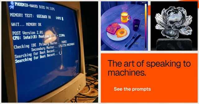 Social ad for HelloPrompts: "The art of speaking to machines." Swiss style, collage layout, dark palette in blue, orange, grey.