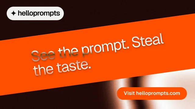 Landscape graphic for HelloPrompts: "See the prompt. Steal the taste." Y2K style, diagonal layout, dark palette in orange, black.