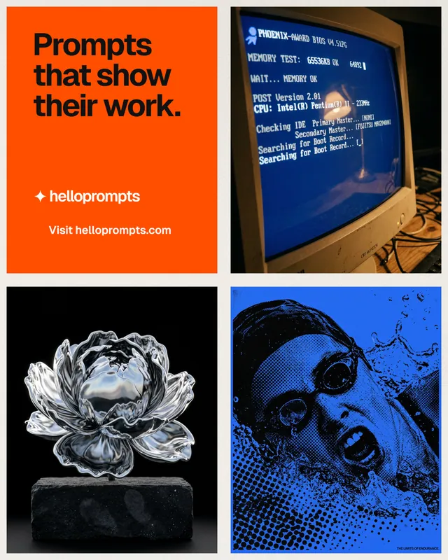 Instagram portrait post for HelloPrompts: "Prompts that show their work." Swiss style, collage layout, dark palette in blue, black, red.