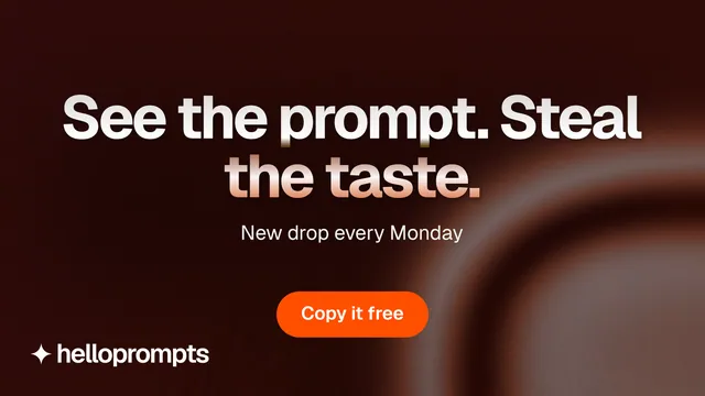 Landscape graphic for HelloPrompts: "See the prompt. Steal the taste." Y2K style, centred layout, dark palette in black, red, grey.