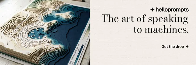 X header for HelloPrompts: "The art of speaking to machines." Minimal luxury style, right layout, light palette in white, grey, orange.