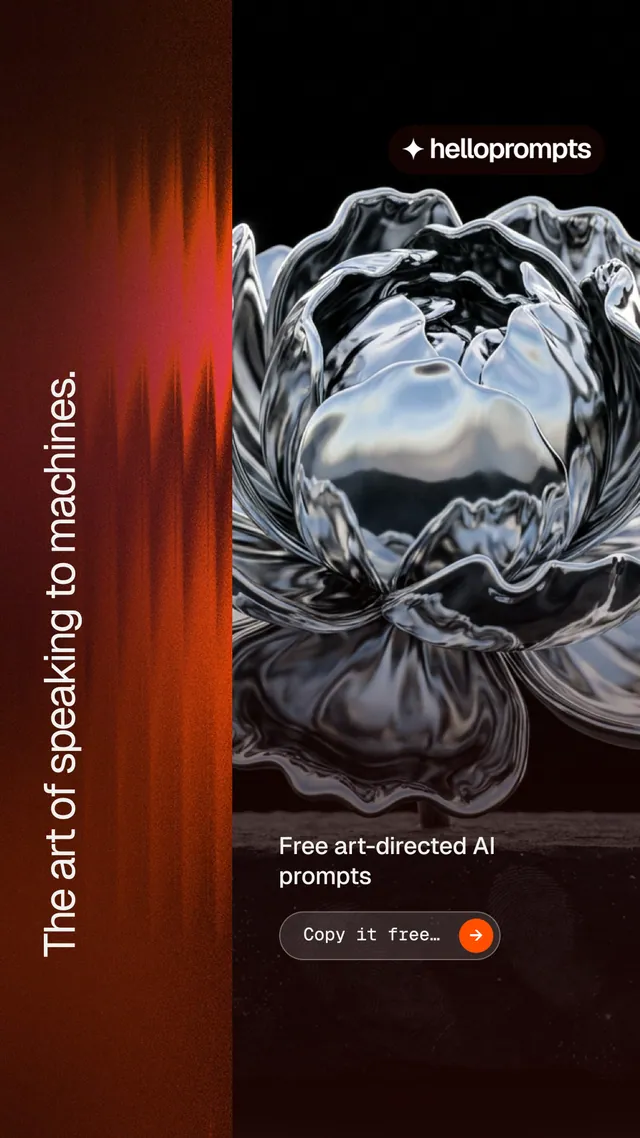 Instagram story for HelloPrompts: "The art of speaking to machines." Agentic glass style, vertical layout, dark palette in black, red, grey.