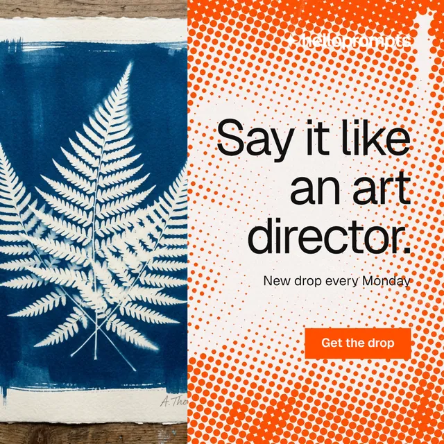 Instagram post for HelloPrompts: "Say it like an art director." Swiss style, right layout, light palette in orange, blue, white.
