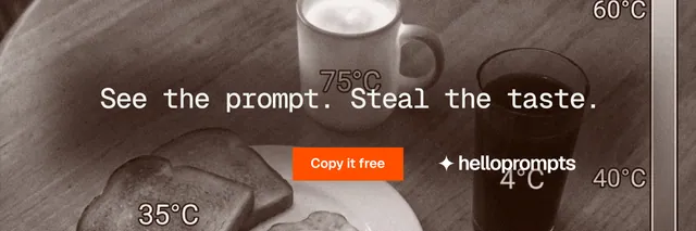 X header for HelloPrompts: "See the prompt. Steal the taste." Swiss style, centred layout, dark palette in grey, orange.