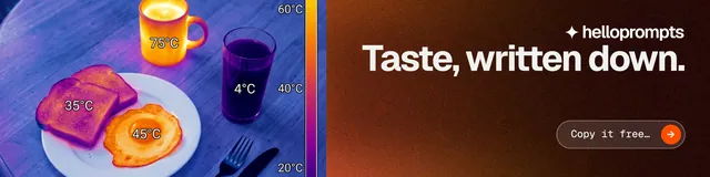 LinkedIn banner for HelloPrompts: "Taste, written down." Agentic glass style, right layout, dark palette in black, red, purple.