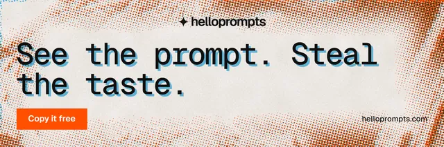 X header for HelloPrompts: "See the prompt. Steal the taste." Swiss style, poster layout, light palette in orange.