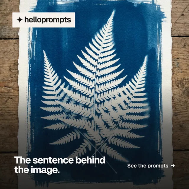Instagram post for HelloPrompts: "The sentence behind the image." Swiss style, image led layout, dark palette in blue, black, grey.