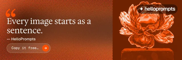 X header for HelloPrompts: "The art of speaking to machines." Agentic glass style, quote layout, dark palette in orange.