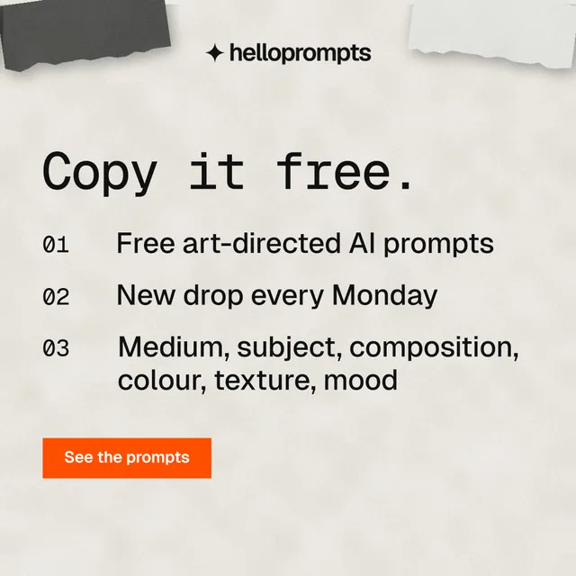 Instagram post for HelloPrompts: "Copy it free." Swiss style, numbered layout, light palette in yellow, white, grey.