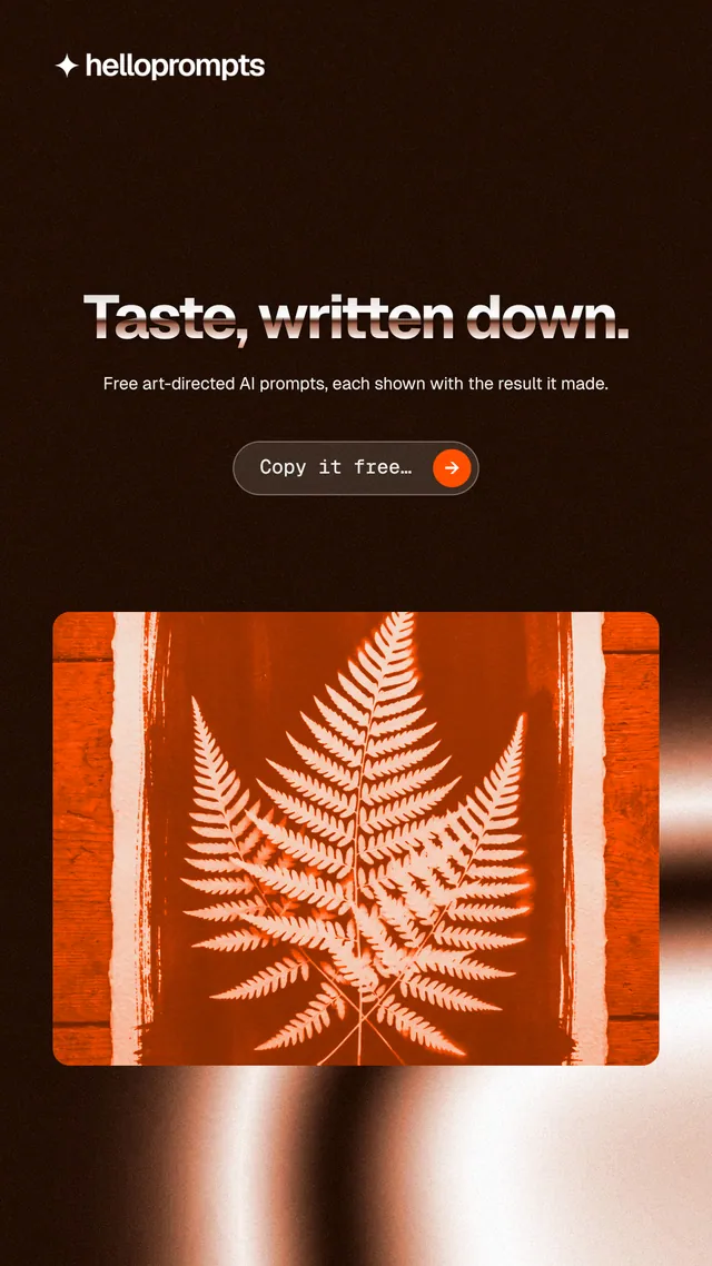 Instagram story for HelloPrompts: "Taste, written down." Agentic glass style, centred layout, dark palette in black, orange.