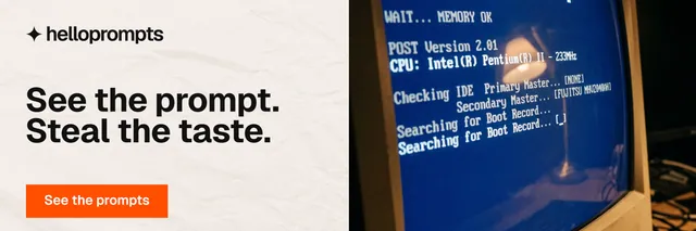 X header for HelloPrompts: "See the prompt. Steal the taste." Swiss style, bottom layout, light palette in blue, white, grey.