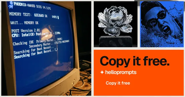 Social ad for HelloPrompts: "Copy it free." Swiss style, collage layout, dark palette in blue, orange, grey.