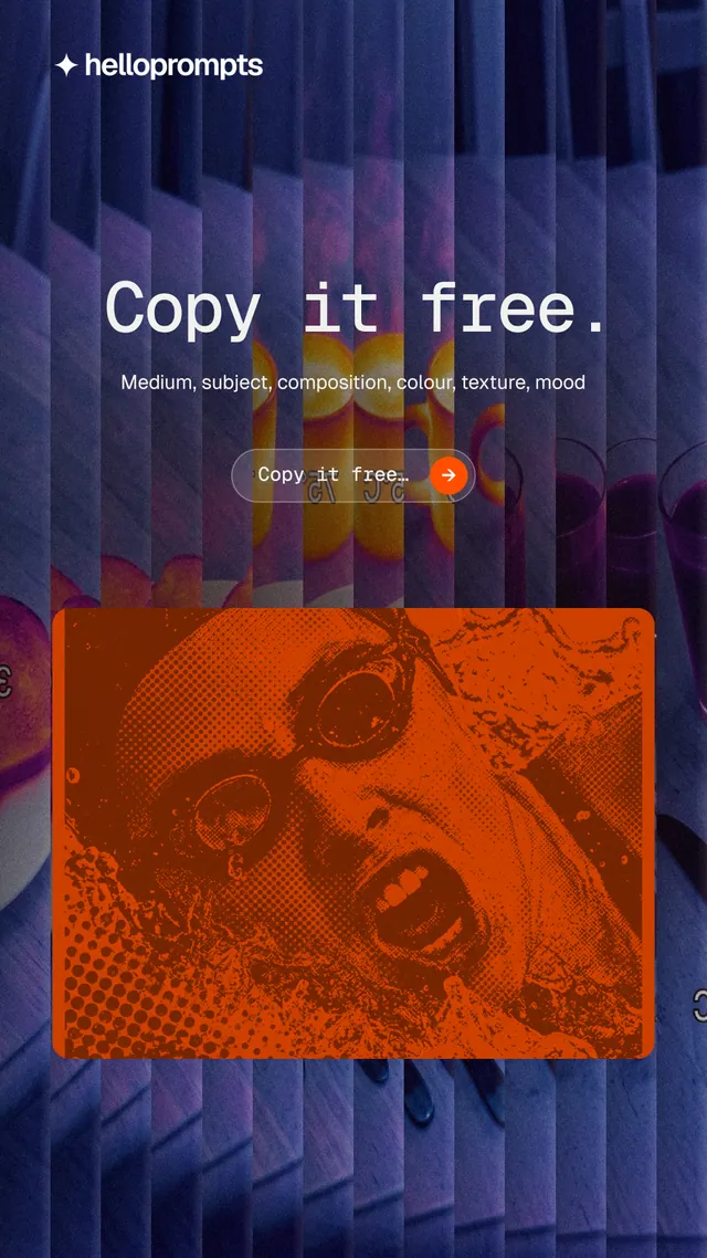 Instagram story for HelloPrompts: "Copy it free." Agentic glass style, centred layout, dark palette in blue, red, grey.