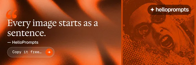 X header for HelloPrompts: "Say it like an art director." Agentic glass style, quote layout, dark palette in orange.