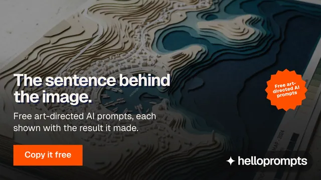 Landscape graphic for HelloPrompts: "The sentence behind the image." Swiss style, sticker layout, dark palette in grey, black, orange.
