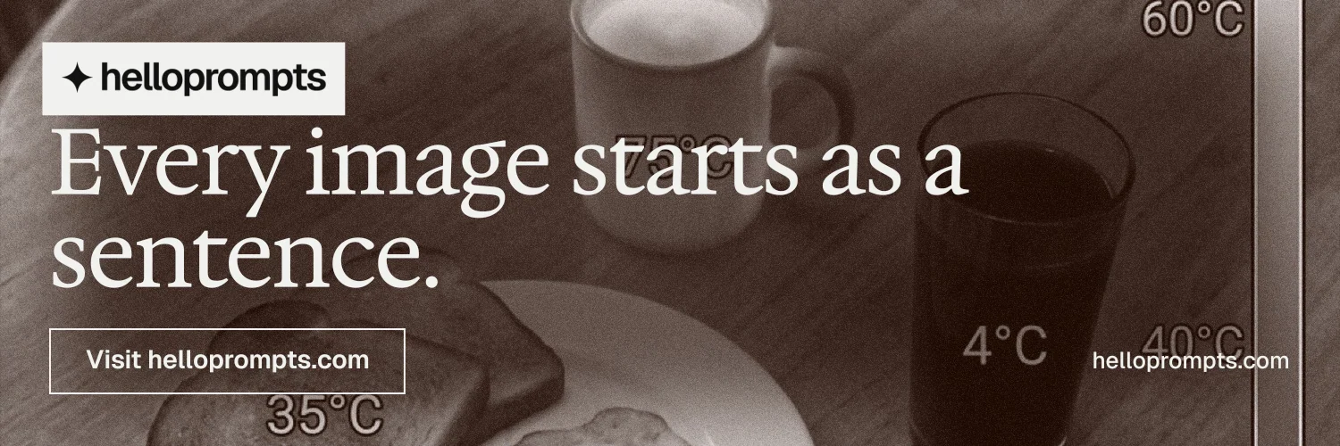 X header for HelloPrompts: "Every image starts as a sentence." Editorial style, poster layout, dark palette in grey, orange.