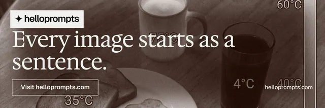 X header for HelloPrompts: "Every image starts as a sentence." Editorial style, poster layout, dark palette in grey, orange.
