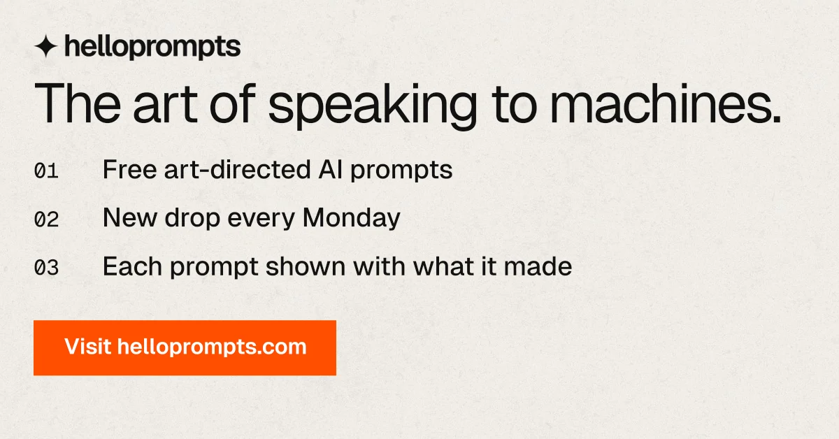 Social ad for HelloPrompts: "The art of speaking to machines." Swiss style, numbered layout, light palette in yellow, white, orange.