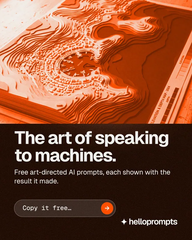 Instagram portrait post for HelloPrompts: "The art of speaking to machines." Agentic glass style, skeleton layout, dark palette in black, orange.
