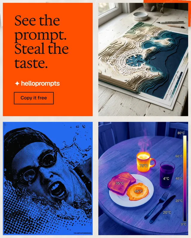 Instagram portrait post for HelloPrompts: "See the prompt. Steal the taste." Editorial style, collage layout, light palette in blue, red, white.