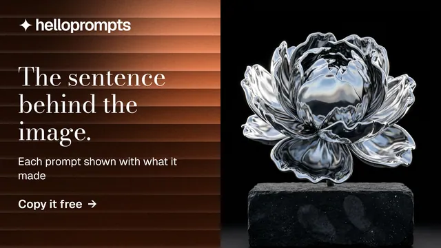 Landscape graphic for HelloPrompts: "The sentence behind the image." Minimal luxury style, bottom layout, dark palette in grey, black, orange.
