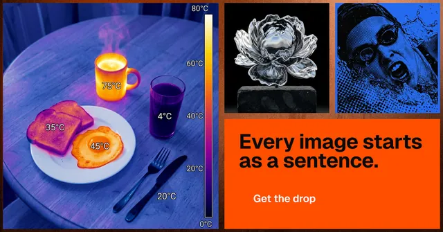 Social ad for HelloPrompts: "Every image starts as a sentence." Swiss style, collage layout, dark palette in blue, red, grey.