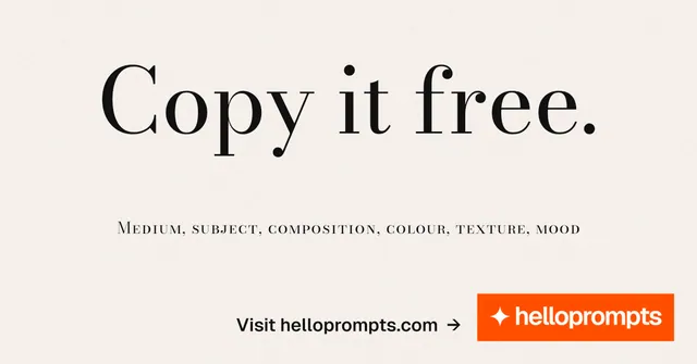 Social ad for HelloPrompts: "Copy it free." Minimal luxury style, smallcaps layout, light palette in white, orange.