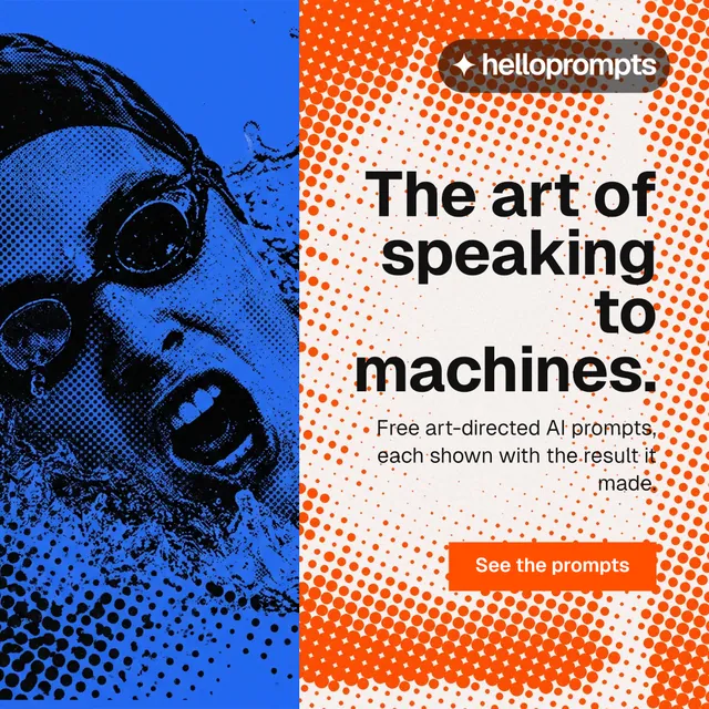 Instagram post for HelloPrompts: "The art of speaking to machines." Split block style, right layout, light palette in blue, red, orange.