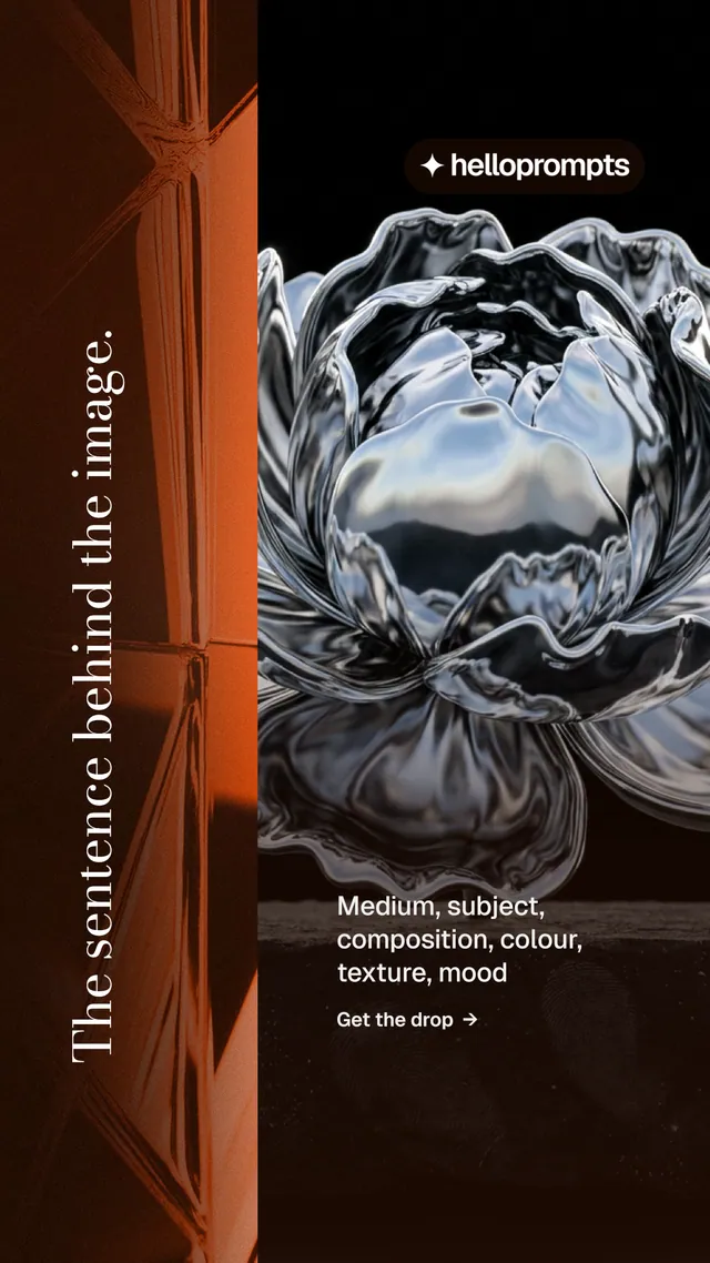 Instagram story for HelloPrompts: "The sentence behind the image." Minimal luxury style, vertical layout, dark palette in black, orange, grey.