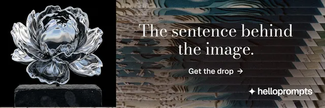 X header for HelloPrompts: "The sentence behind the image." Minimal luxury style, skeleton layout, dark palette in black, grey.