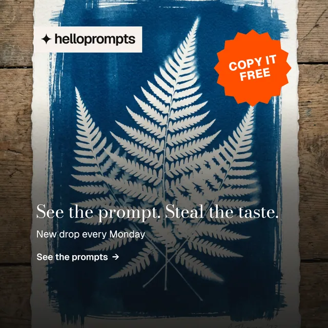 Instagram post for HelloPrompts: "See the prompt. Steal the taste." Minimal luxury style, sticker layout, dark palette in blue, black, grey.
