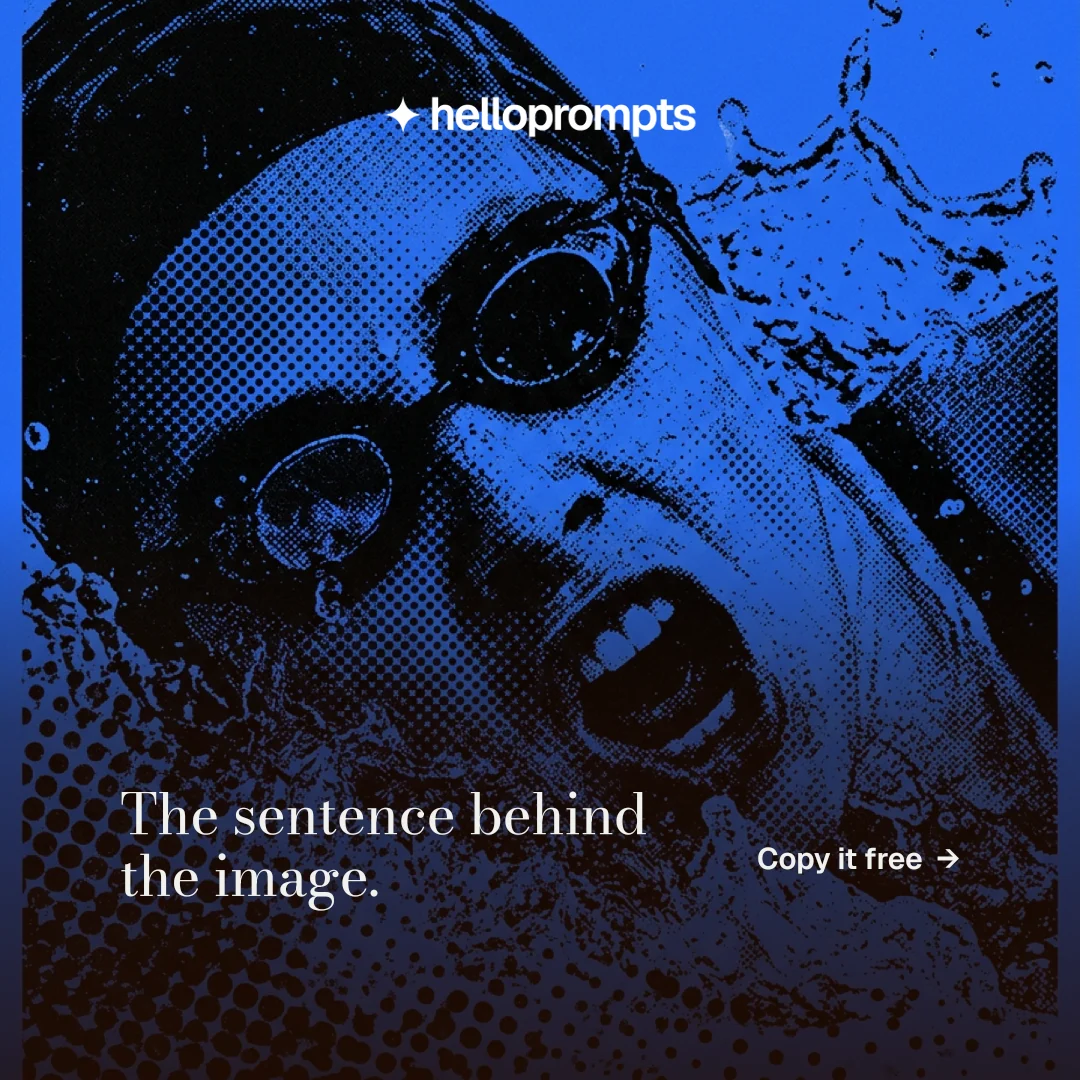 Instagram post for HelloPrompts: "The sentence behind the image." Minimal luxury style, image led layout, dark palette in blue, black.