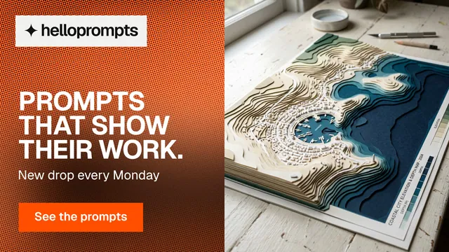 Landscape graphic for HelloPrompts: "Prompts that show their work." Swiss style, bottom layout, light palette in black, orange, grey.