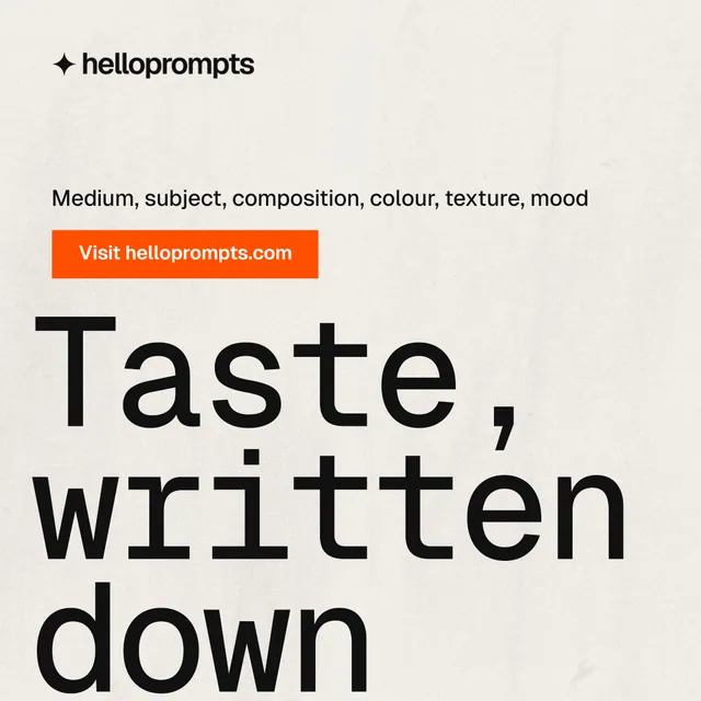 Instagram post for HelloPrompts: "Every image starts as a sentence." Swiss style, oversized layout, light palette in yellow, grey, orange.